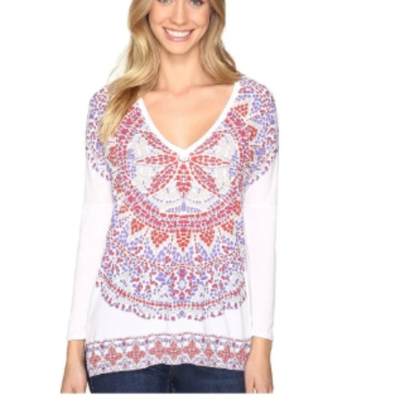 Lucky Brand  White V-Neck Printed Long Sleeve top - Picture 1 of 4
